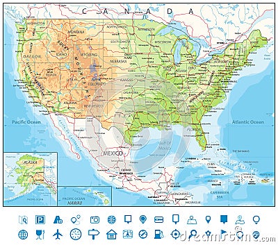 Road Physical Map of USA Vector Illustration