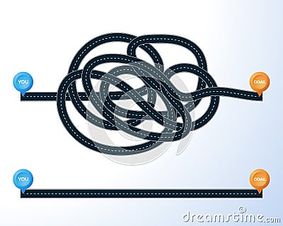 The road from point you to goal. right and wrong way with messy line. concept of true and false path or straight and winding road Vector Illustration