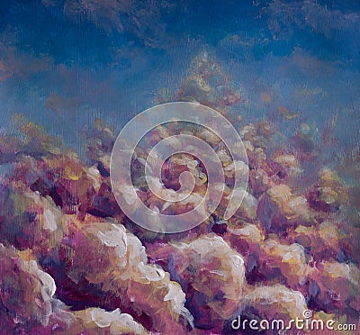 purple fluffy clouds to blue sky acrylic painting fantasy art Cartoon Illustration