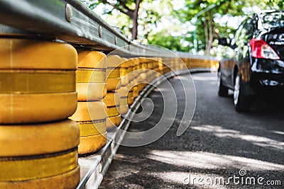 Road railing barrier, selective focus shallow depth of field, accident safety system on the road Stock Photo