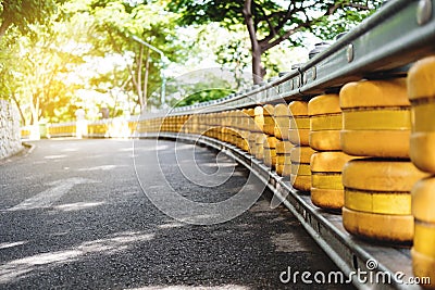 Road railing barrier, selective focus shallow depth of field, accident safety system on the road Stock Photo