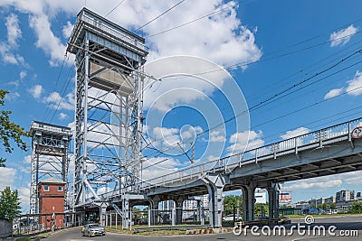 Road and railway two-level liftbridge on the Pregolya river on a sunny summer day. Created in 1914-1926. Until 1945, the bridge Editorial Stock Photo