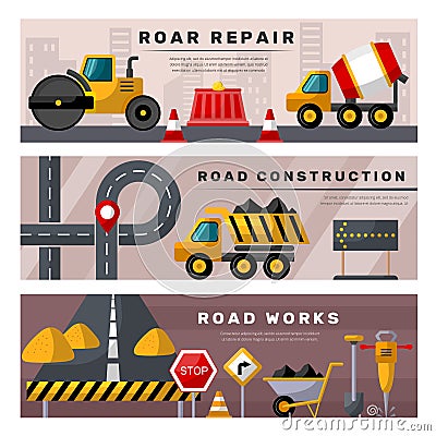 Road repair banners. Construction street road repair tools recent vector horizontal colored banners templates with place Vector Illustration