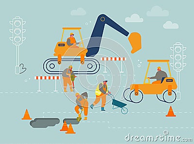 Road Repair with Construction Roller Machine, Excavator Dig Hole in Ground, Builders Remove Soil with Shovel Vector Illustration