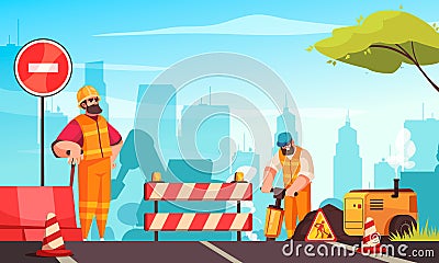 Road Repair Flat Composition Vector Illustration