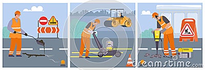 Road Repair Flat Square Illustrations Vector Illustration