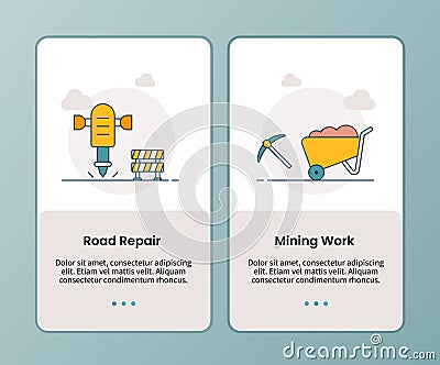 Road repair mining work campaign for onboarding mobile apps application banner template with filled color style Cartoon Illustration