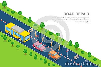 Road repair, roadworks, construction concept. Vector 3D isometric horizontal banner. City road closed for reconstruction Vector Illustration