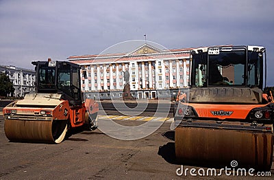 Road repair and two asphalt rollers. Editorial Stock Photo