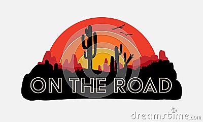 On the road, road trip, slogan, typography, graphic tee, printed design. Stock Photo