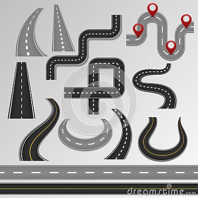 Road roadway and highway on map with route path illustration set of roadside or crossroad in pathway isolated on Cartoon Illustration