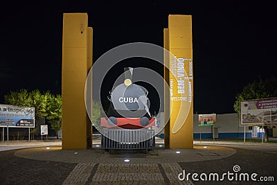 road roundabout with a train crook in honor of the railway workers in the Alentejo town of Cuba Editorial Stock Photo
