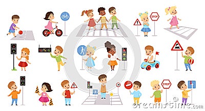 Road safety rules for children set. Kids crossing street along crosswalk and learning about traffic signs cartoon vector Vector Illustration