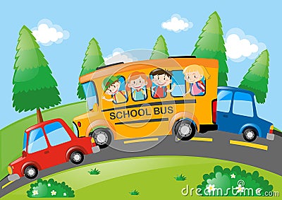 Road scene with children riding on school bus Vector Illustration