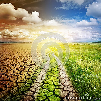 The road separating the desert and the oasis. Concept on ecology, Global warming and environmental protection Stock Photo