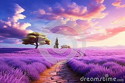 A road through a serene lavender field Stock Photo