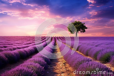 A road through a serene lavender field Stock Photo