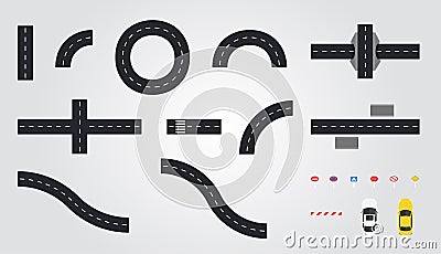 Road set for construction isolated on white background. Connectable highway elements. City constructor. view from above top view Vector Illustration