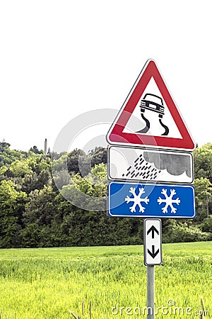 Road Sign Caution curves ahead Stock Photo