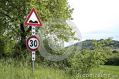 Road Sign Caution Speed Bumps Ahead Stock Photo