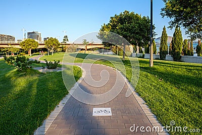 Road sign on the cycleway, bikeway for cyclists, bike lane Stock Photo