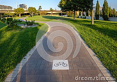 Road sign on the cycleway, bikeway for cyclists, bike lane Stock Photo