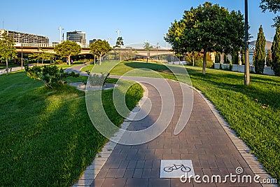 Road sign on the cycleway, bikeway for cyclists, bike lane Stock Photo