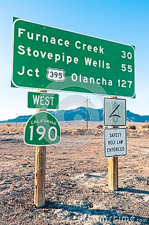 Road sign in the Death Valley - Highway West 190 Stock Photo