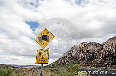 Road sign for desert tortoise turtle crossing, warning drivers of the animal presence Stock Photo