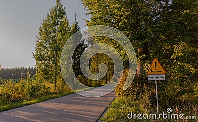 Road sign Dog sledding. Masuria in Poland. Stock Photo