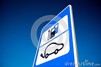 Road sign of electric car battery recharge station Stock Photo