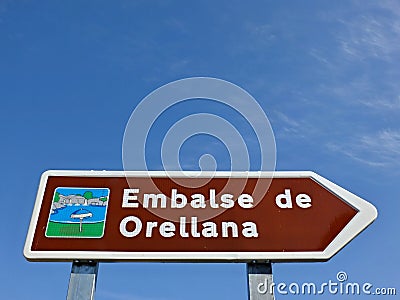 Road sign Embalse de Orellana, Badajoz - Spain Editorial Stock Photo