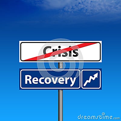 Road Sign The end of crisis, economic recovery Stock Photo