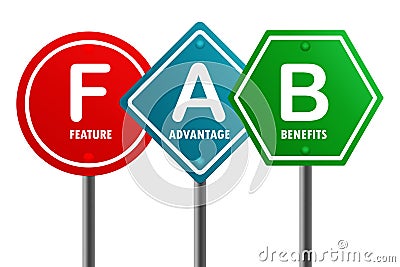 Road sign with FAB - Feature Advantage Benefits word Stock Photo