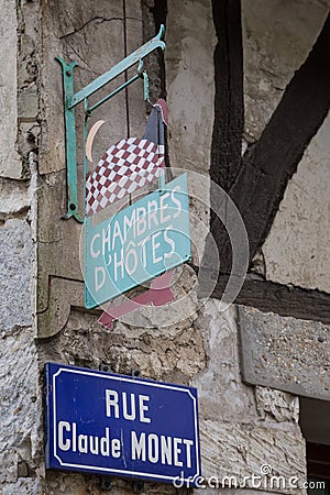 Road sign in Giverny, once home to the famous impressionist painter Claude Monet Editorial Stock Photo