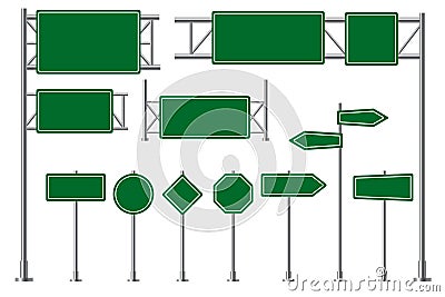 Road sign. Green highway traffic boards, route direction signboards. Blank billboard and arrow information signage Vector Illustration