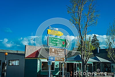 Road sign heading to Mount Cook, New Zealand Stock Photo