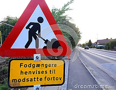 Road sign with information on roadworks ahead Stock Photo