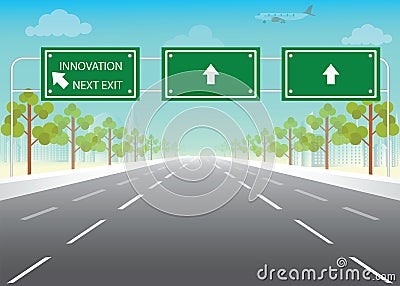 Road sign with innovation next exit words on highway. Vector Illustration