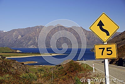 Road Sign - Lake Hawea Stock Photo