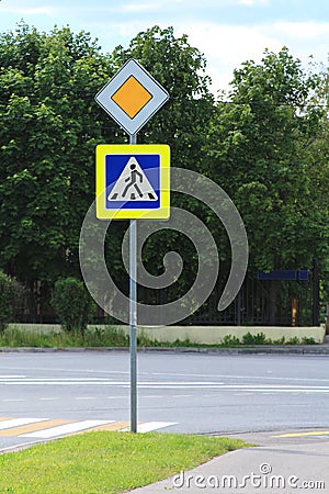 Road sign main road and pedestrian Stock Photo