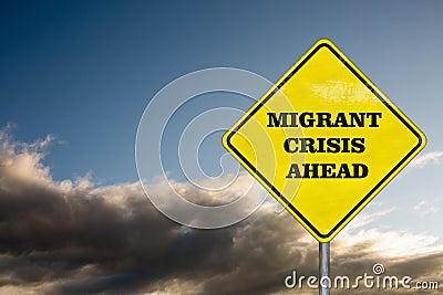 A road sign Migrant Crisis on sky background Stock Photo