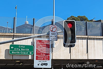 Road sign : No dangerous goods in tunnel, low tunnel clearance i Editorial Stock Photo