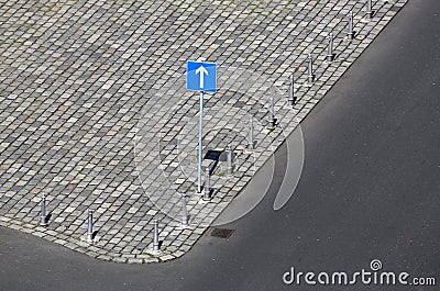 Road sign, one way traffic sign. Drive Straight Arrow Stock Photo