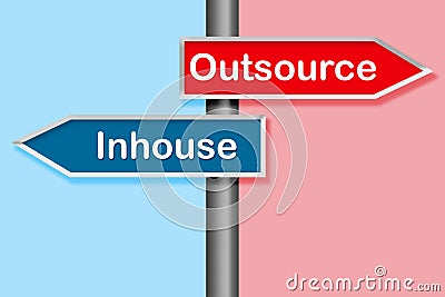 Road sign with outsource and inhouse word Stock Photo