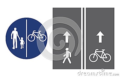 Road sign, pedestrian and bicyclist, vector illustration icon. Circular blue traffic sign. White image on the roadbed Vector Illustration