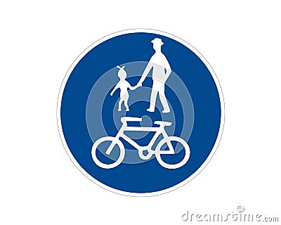 Road sign, pedestrian and bicyclist, vector illustration icon. Circular blue traffic sign. White image on the roadbed. white Vector Illustration