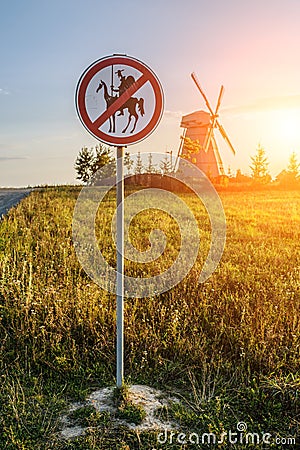 Road sign prohibits Don Quixote Stock Photo