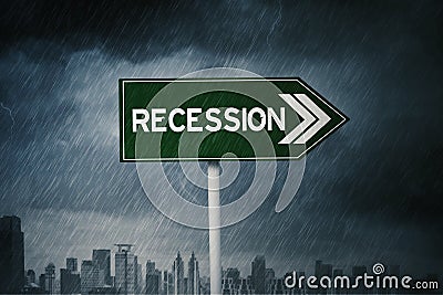 Road sign with recession text and rainstorm view Stock Photo