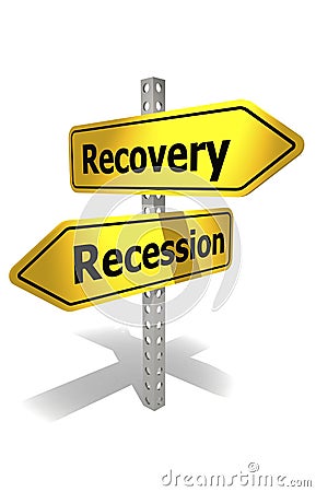 Road sign with recovery and recession word Stock Photo